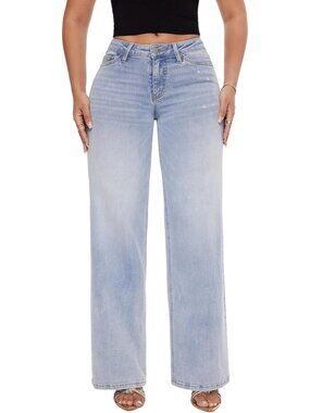 Wide Leg Jeans for Women | Mid Low Rise Baggy Stretchy Denim Pants | Casual Chic
